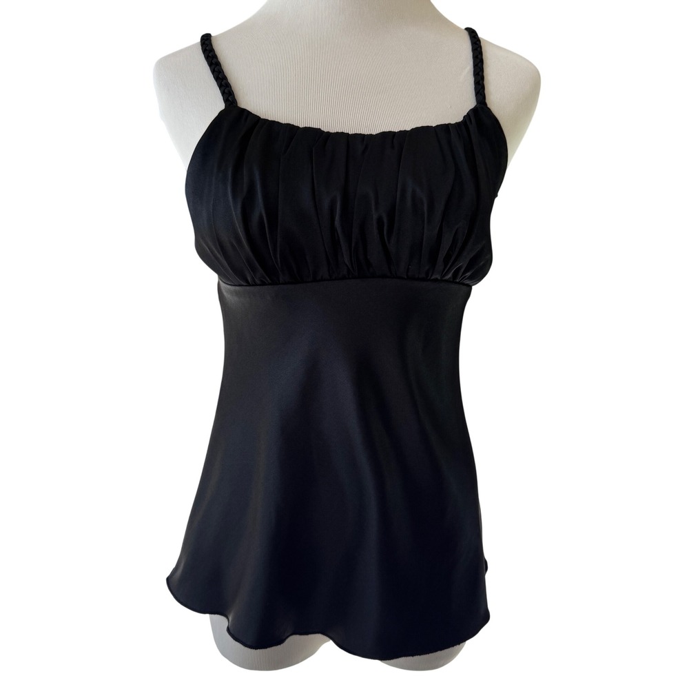 IZ Womens Babydollâ Black Satin Tank Top Rushed Camisole Whimsygoth Y2K